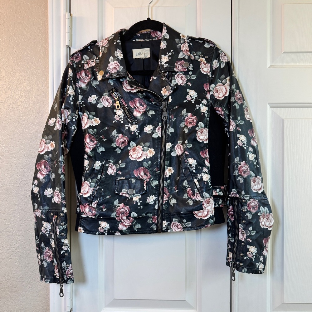 JOLT Black Floral Y2K Print Faux Leather Zip Jacket Women's Size Large